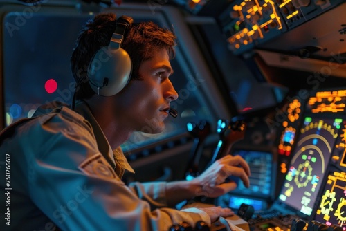 Pilot works with control console during flight. in modern airplanes