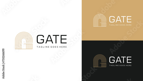 Golden Initial Letter G with Classic Castle Gate Shape Line Art Logo Design photo