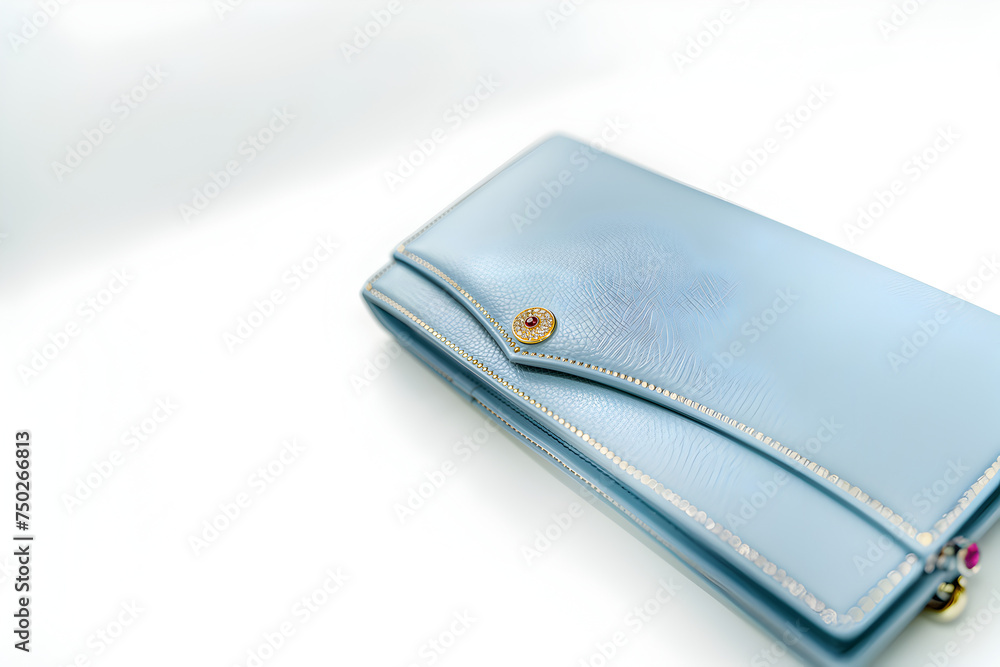 Close-up commercial photography of an elegant women's clutch bag, crafted from genuine light blue leather with small golden details, diamonds Ai generative Close-up commercial photography of an elegant women's clutch bag, crafted from genuine light blue leather with small golden details, diamonds Ai generative