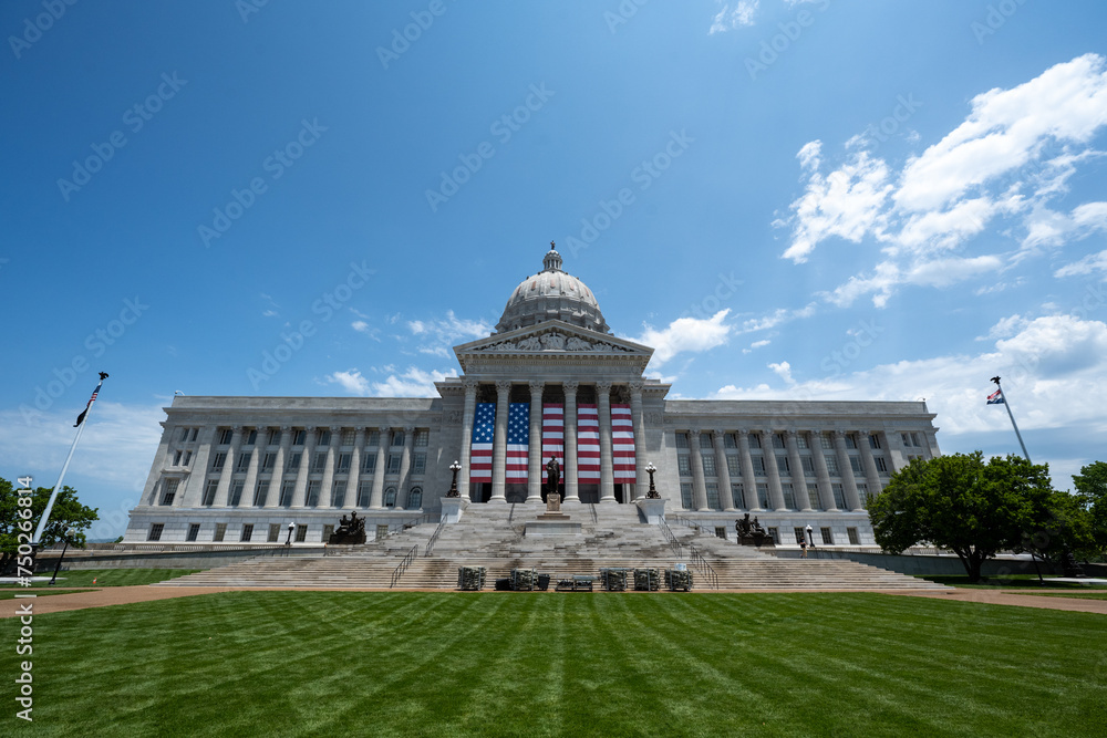 Missouri State Capitol Building in Jefferson City, Missouri with American Flag displayed