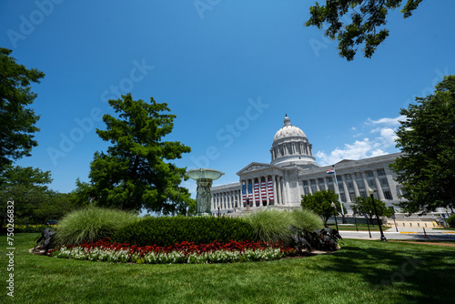 Missouri State Capitol Building in Jefferson City, Missouri with American Flag displayed