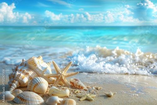 A beach scene with a starfish and shells on the sand
