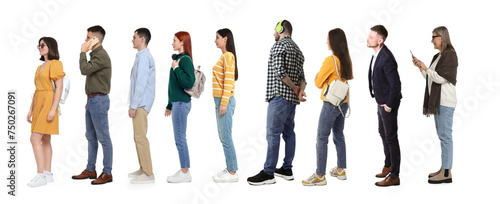 People waiting in queue on white background photo