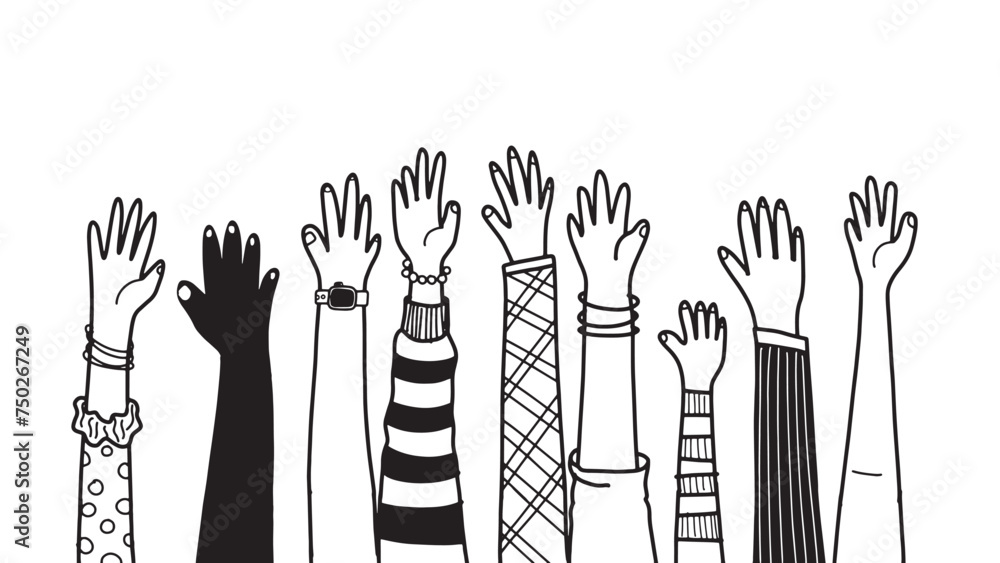 Raised Hands in Diverse Simple Line Drawing, Hand Drawn Diverse Raised Hands Illustration , doodle art 