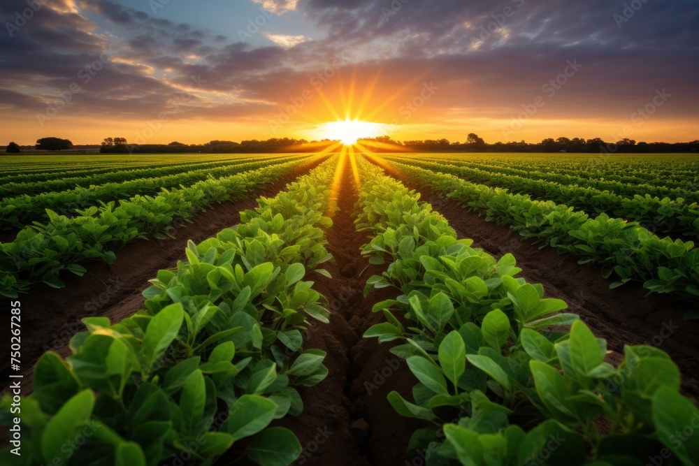 Rows of crops bloom under the gentle sunset light. rural agricultural areas Rows of crops bloom under the gentle sunset light. rural agricultural areas
