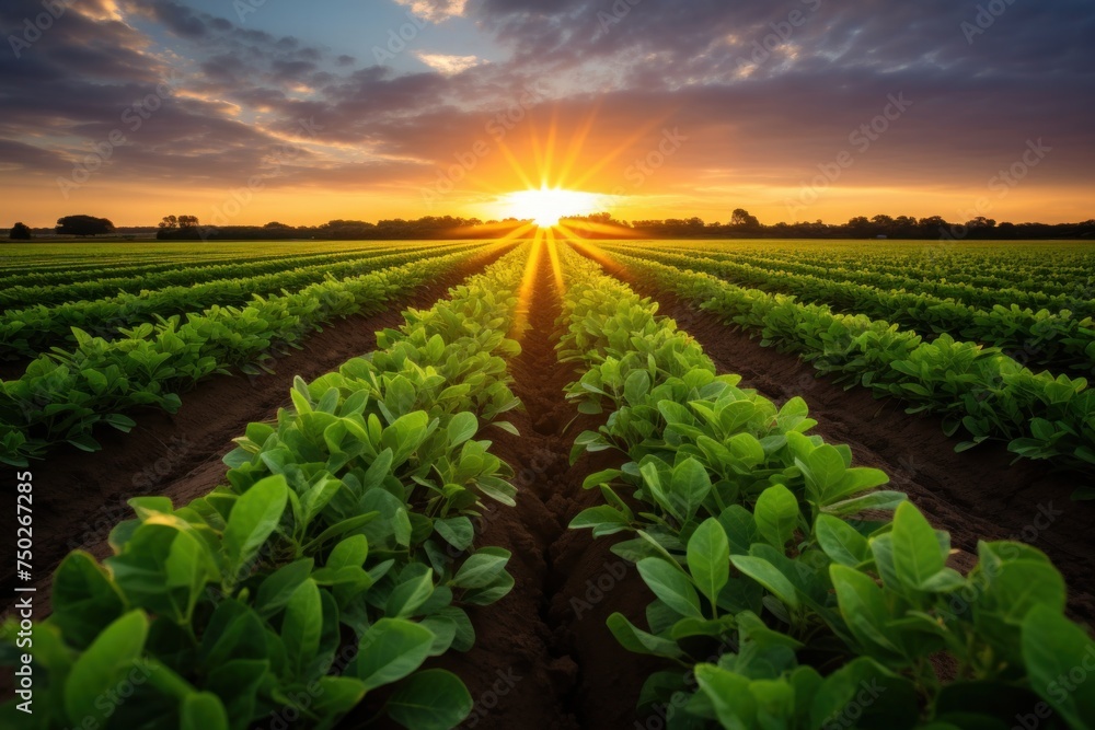 Rows of crops bloom under the gentle sunset light. rural agricultural areas