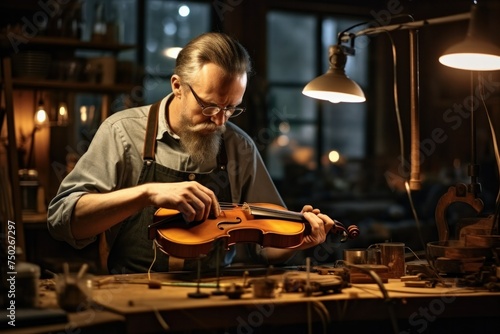 An adult craftsman wearing glasses sits at a table in a luthier outfit and paints a wooden violin in the light.