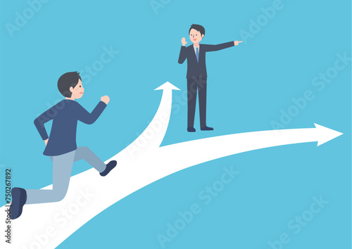 走っている若い男性と進路を指し示すスーツの男性