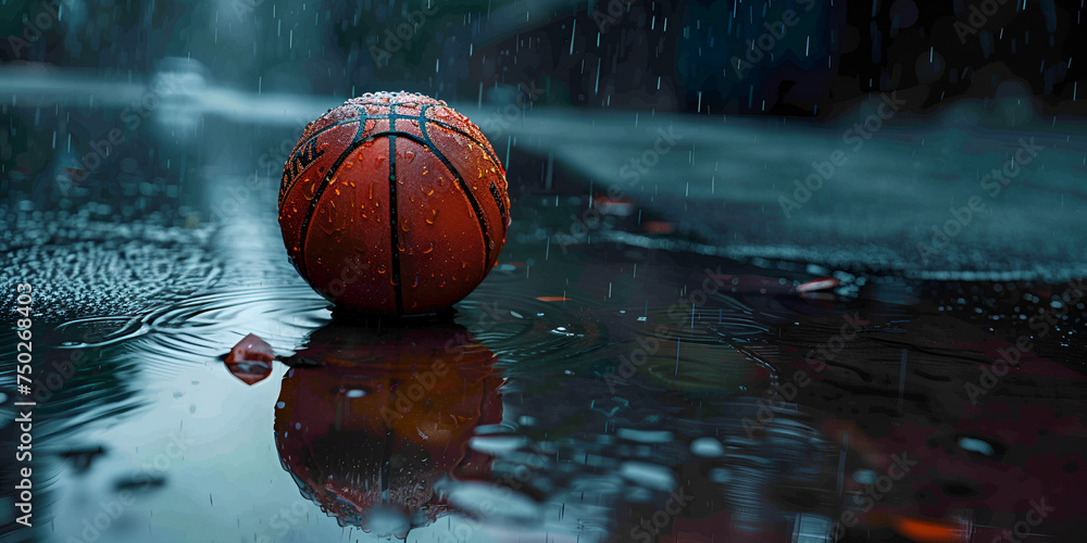 basketball on the street in the rain