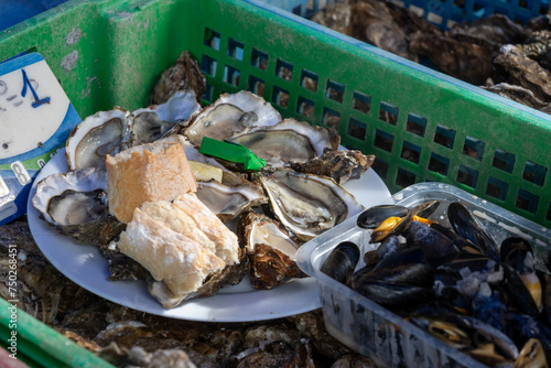 Fresh french Gillardeau oysters molluscs in wooden box ready to eat photo