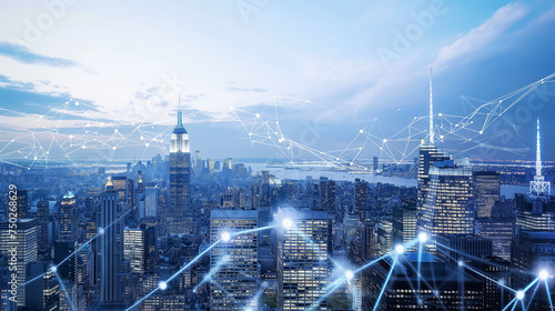 Skyline of New York city with double exposure of immersive wireframe network interface. Concept of smart city and internet connection. Life in cyberspace.