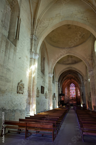 Views of interior of old church of medieval town St. Emilion, production of red Bordeaux wine on cru class vineyards in Saint-Emilion wine making region, France, Bordeaux