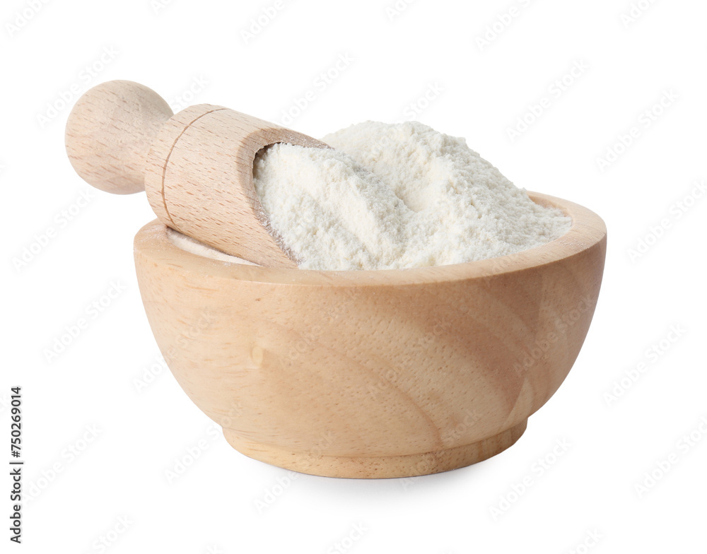 Baking powder in bowl and scoop isolated on white Baking powder in bowl and scoop isolated on white