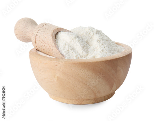 Baking powder in bowl and scoop isolated on white