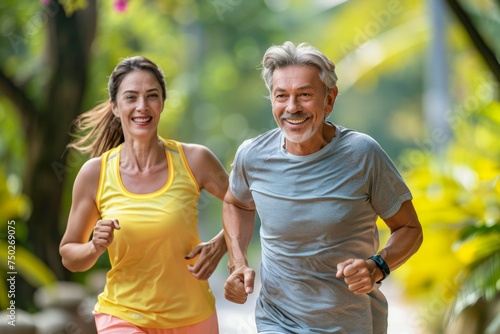 A man and woman are running together in a park