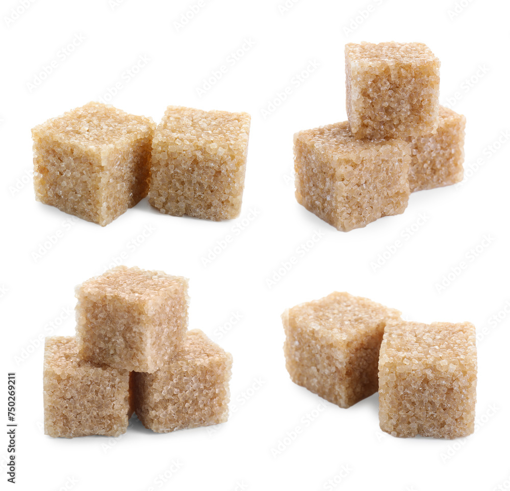 Brown sugar cubes isolated on white, set Brown sugar cubes isolated on white, set