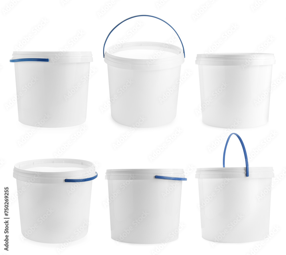 Plastic buckets with lids isolated on white, set Plastic buckets with lids isolated on white, set