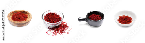 Aromatic saffron in dishes isolated on white, set photo