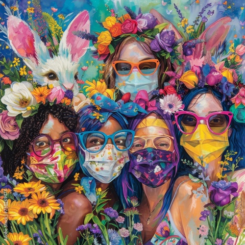 A Colorful Gathering of Friends Celebrating Easter While Adorned in Vibrantly Themed Face Masks Amidst a Spring Setting