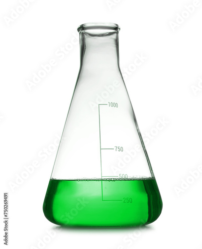 Conical flask with green liquid isolated on white. Laboratory glassware