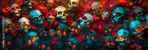 Skulls with floral decorations. Composition for Day of Dead
