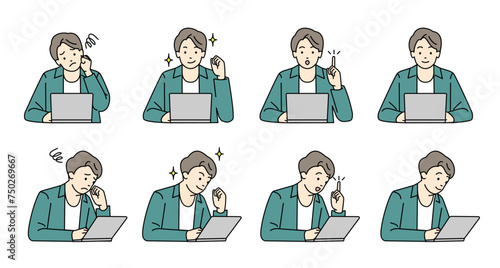 PCに向かって仕事をする若い男性エンジニアのシンプルなイラストセット