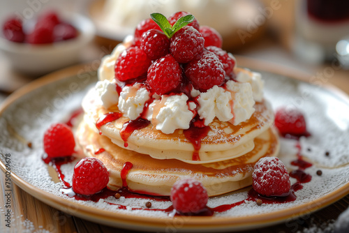 Pancakes with raspberries and cottage cheese.