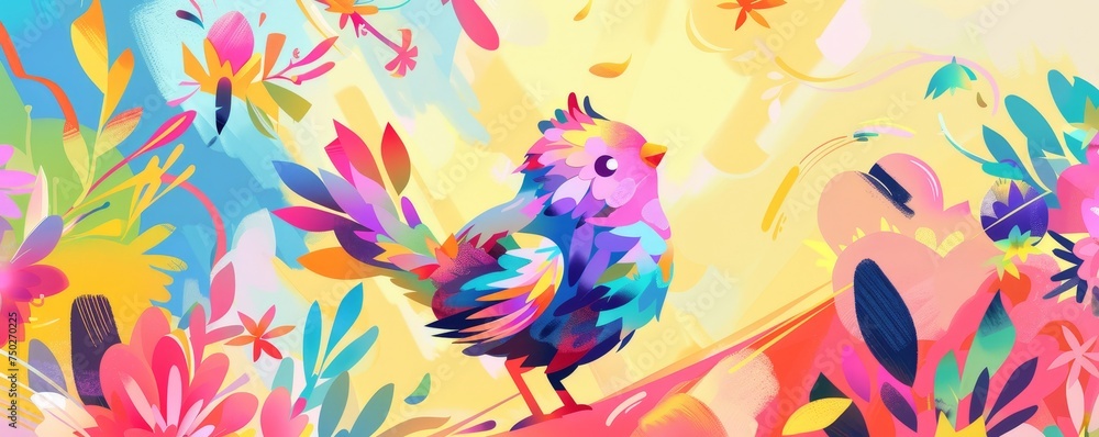 A Whimsical Symphony of Spring: An Abstract Illustration of a Joyful Chick Belting Out Festive Easter Melodies Amidst a Colorful Backdrop