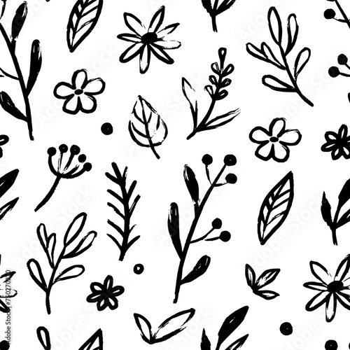 Abstract flower doodle brush seamless pattern. Sketch hand drawn spring floral plant, nature graphic leaf, scribble grunge brush texture black and white ink seamless pattern. Vector illustration