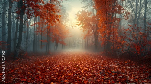 foggy forest path in autumn