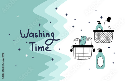 A hand-drawn Spring  banner with laundry detergent and towels in the style of doodles. Spring cleaning of the house. Vector linear illustration for background, poster, frame.
