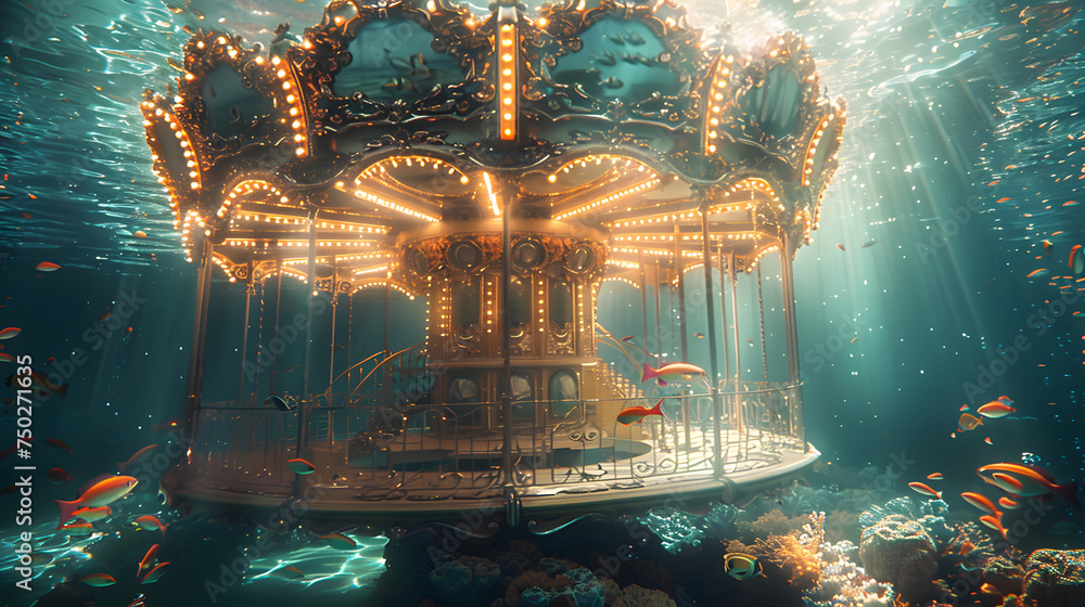 Obraz premium A merry-go-round underwater surrounded by fish and coral.