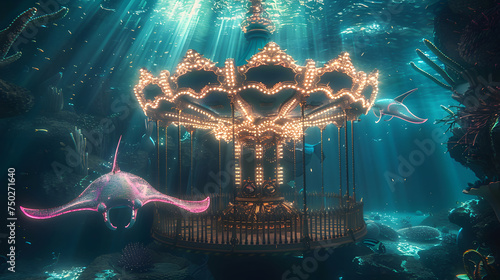 A merry-go-round underwater surrounded by fish and coral.