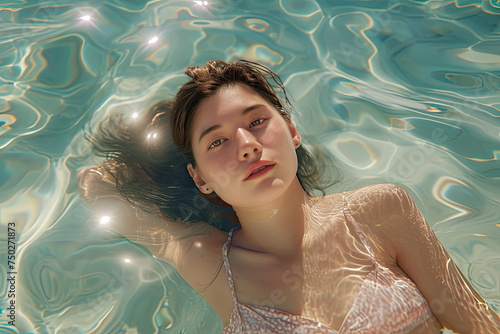Portrait of a woman wear bikini resting relaxing in swimming pool, Enjoying Summer Vacation, Beauty fashion, Top view