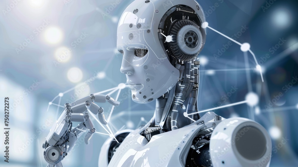 Fototapeta premium Futuristic white robot interacting with floating digital network connections, 3d rendering