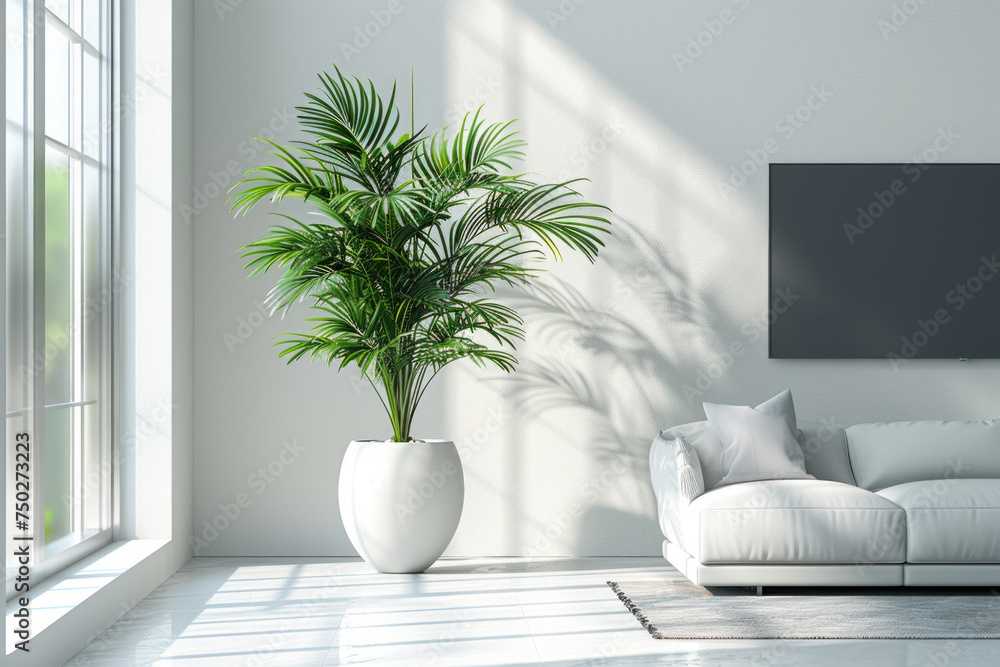 A simple minimalist living room with simple white walls. White couch and very large wall mounted TV. Tropical house yucca plant in modern white pot or vase. Mockup concept.