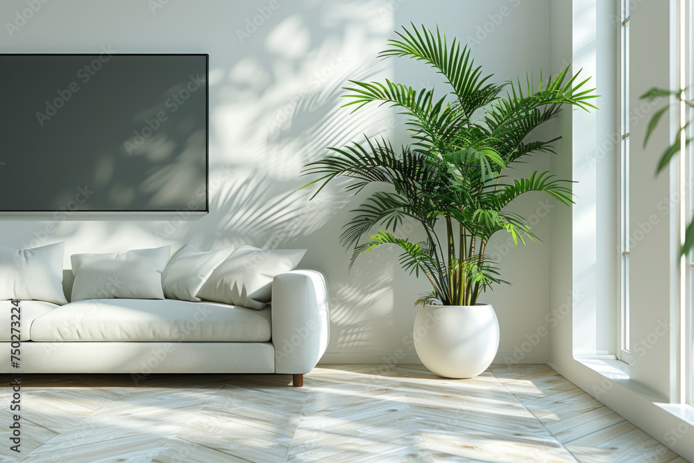 A simple minimalist living room with simple white walls. White couch and very large wall mounted TV. Tropical house yucca plant in modern white pot or vase. Mockup concept. A simple minimalist living room with simple white walls. White couch and very large wall mounted TV. Tropical house yucca plant in modern white pot or vase. Mockup concept.