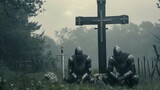 Two Teutonic Knights kneel in prayer before a large wooden cross their helmets and swords laid at their feet.