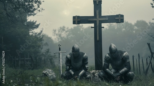 Two Teutonic Knights kneel in prayer before a large wooden cross their helmets and swords laid at their feet. photo