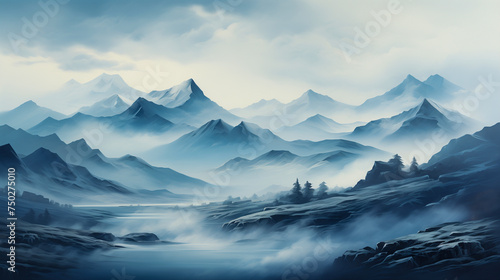 Misty Mountains Landscape illustration wallpaper banner background artwork © ArtStockVault