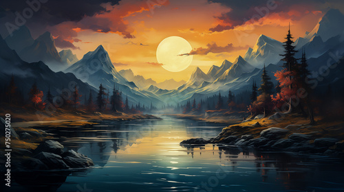 Fantasy Mountains Landscape illustration wallpaper banner background artwork © ArtStockVault