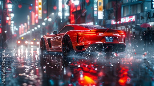 red Fast Car in a Neon Rainy City