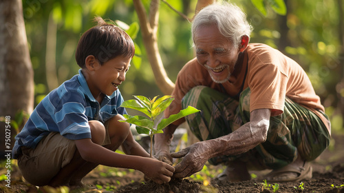 Grandfather and Grandson Planting Together