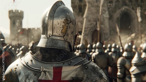 A young page watches in awe as a group of Teutonic Knights return victorious from battle their armor shining in the sun.