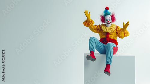 Funny clown sitting on a white panel and waving. generative ai © Malaika
