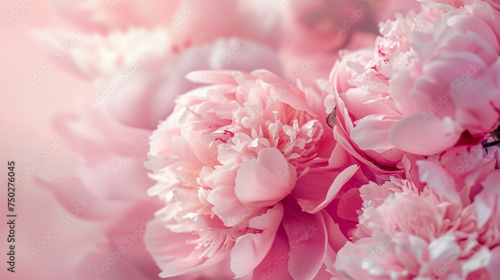 Tender peonies on pink background with copy space.