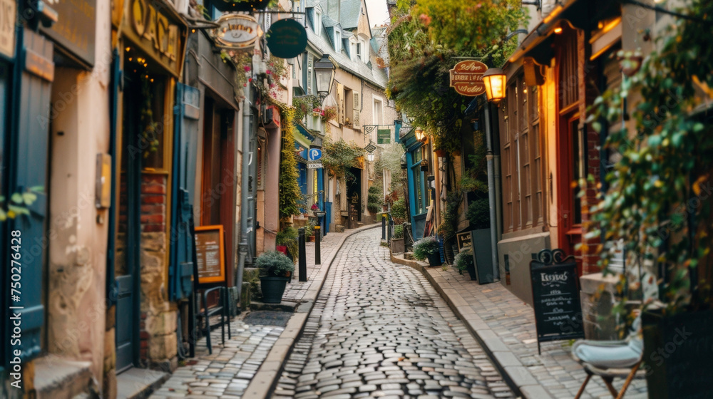 A quaint cobblestone street in a Europeaninspired city with cafes and shops adorned with charming retro signs and posters.