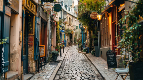 A quaint cobblestone street in a Europeaninspired city with cafes and shops adorned with charming retro signs and posters. © Justlight
