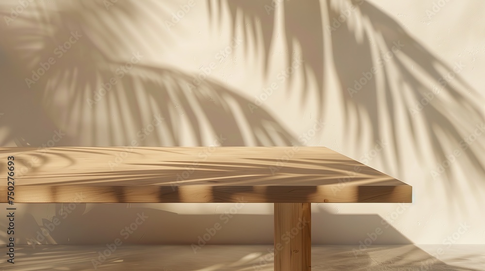 Sophisticated Product Displays on Nordic Wooden Counter with Sunlight and Leaf Shadows Sophisticated Product Displays on Nordic Wooden Counter with Sunlight and Leaf Shadows
