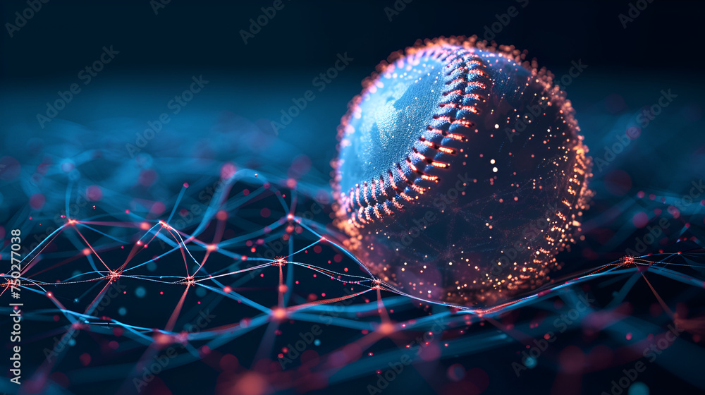 futuristic baseball in glossy material with analytics hud details isolated on black background. generative ai - obrazy, fototapety, plakaty 